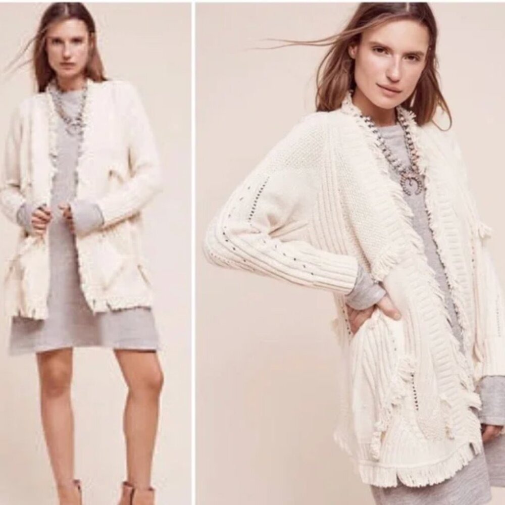 Anthropologie Rosie Neira Rima Fringed Open Front Cotton Cardigan‎ Size XS Boho